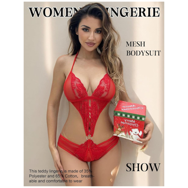 Women Deep V Lingerie Lace Teddy One Piece Babydoll Mini Bodysuit Free Size Red Color - Image 3