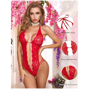 Women Deep V Lingerie Lace Teddy One Piece Babydoll Mini Bodysuit Free Size Red Color