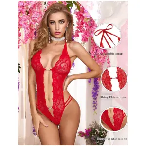 Women Deep V Lingerie Lace Teddy One Piece Babydoll Mini Bodysuit Free Size Red Color