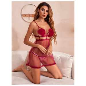 Women Heart Design Nightwear Lingerie Set Babydoll NightDress With G String Panty Free Size Red Color