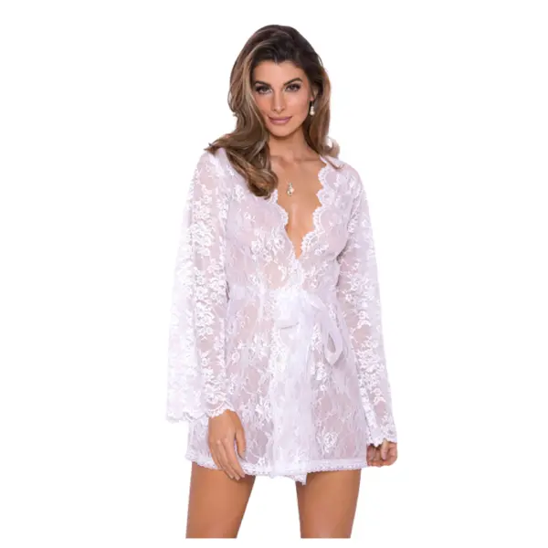 Women Kimono Robe Neck Nightwear for Women with Lace Design With belt and G String panty Free Size White Color - Image 2