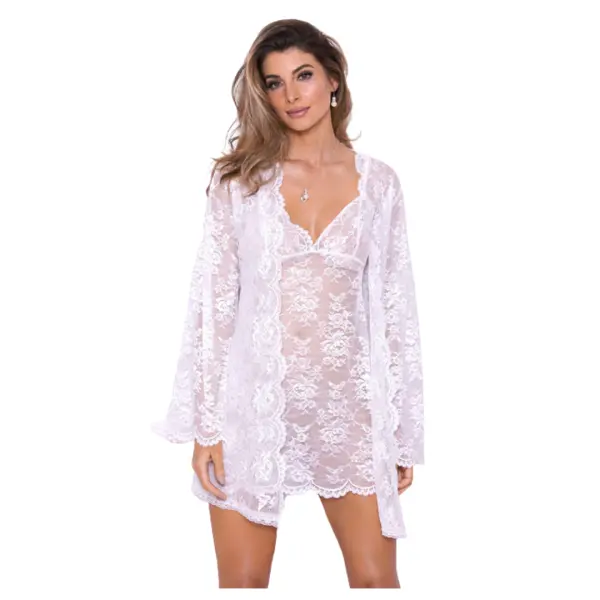 Women Kimono Robe Neck Nightwear for Women with Lace Design With belt and G String panty Free Size White Color - Image 4