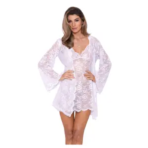 Women Kimono Robe Neck Nightwear for Women with Lace Design With belt and G String panty Free Size White Color