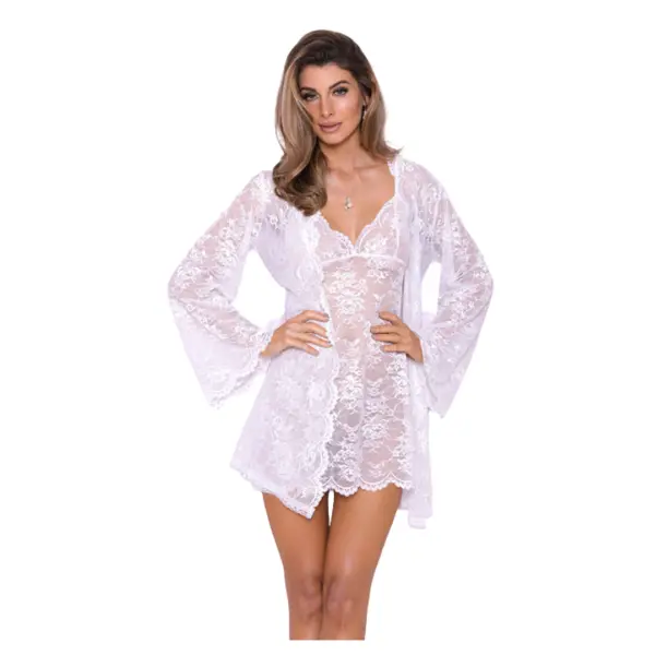 Women Kimono Robe Neck Nightwear for Women with Lace Design With belt and G String panty Free Size White Color