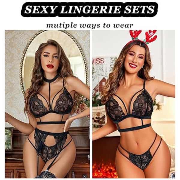 Women Lace Garter Lingerie Set with Removable Choker Teddy Babydoll Strappy Bra and Panty Set Free Size Black color (No Stockings) - Image 4