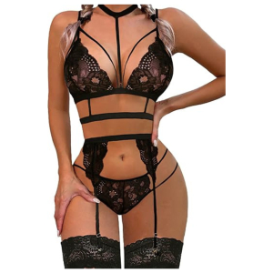 Women Lace Garter Lingerie Set with Removable Choker Teddy Babydoll Strappy Bra and Panty Set Free Size Black color (No Stockings)