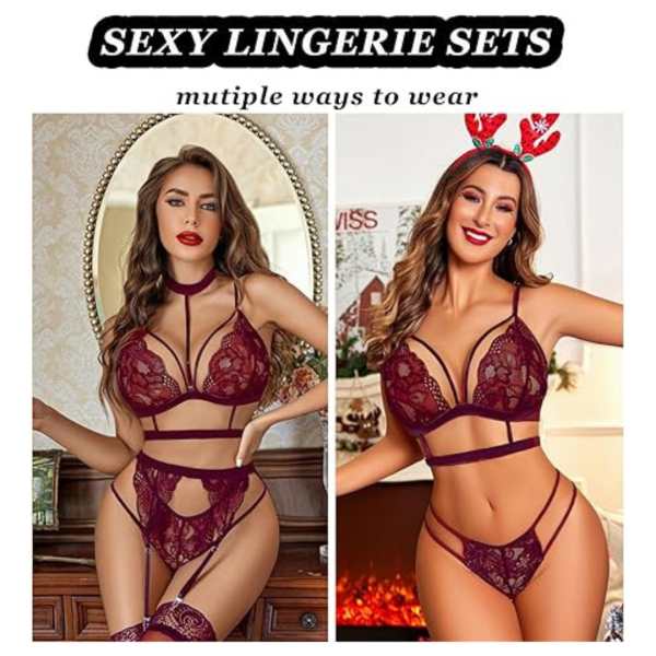 Women Lace Garter Lingerie Set with Removable Choker Teddy Babydoll Strappy Bra and Panty Set Free Size Maroon color (No Stockings) - Image 4