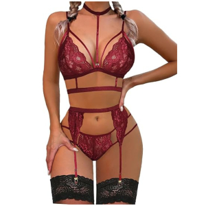 Women Lace Garter Lingerie Set with Removable Choker Teddy Babydoll Strappy Bra and Panty Set Free Size Maroon color (No Stockings)