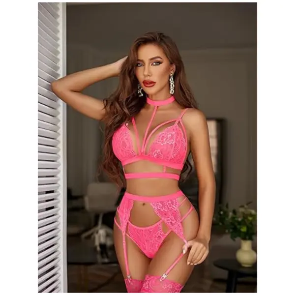 Women Lace Garter Lingerie Set with Removable Choker Teddy Babydoll Strappy Bra and Panty Set Free Size Pink color (No Stockings) - Image 2