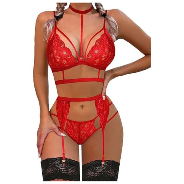 Women Lace Garter Lingerie Set with Removable Choker Teddy Babydoll Strappy Bra and Panty Set Free Size Red color (No Stockings) - Image 2