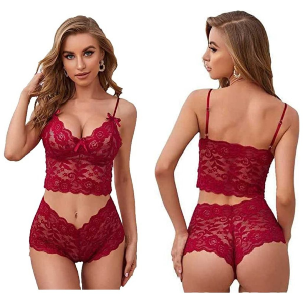 Women Lace Lingerie Bra Panty Set Free Size Maroon Color - Image 4