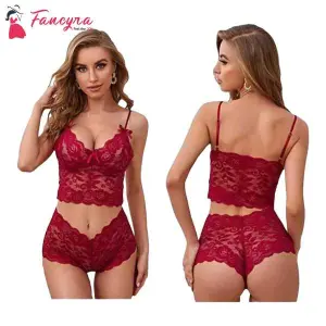 Women Lace Lingerie Bra Panty Set Free Size Maroon Color