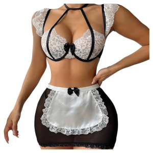 Women Lace Net Fabric 3 Pieces Bralette Bra and Cute Mini Skirt Contrast Lace Bow Front Low Rise Underwire Halter Lingerie Set with G-String Black Color