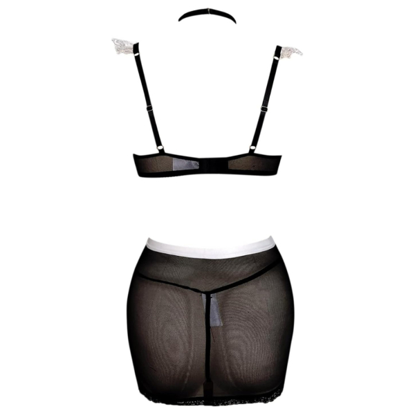 Women Lace Net Fabric 3 Pieces Bralette Bra and Cute Mini Skirt Contrast Lace Bow Front Low Rise Underwire Halter Lingerie Set with G-String Black Color - Image 5