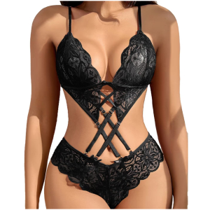 Women Lingerie Deep V Teddy Lingerie Lace Bodysuit Cut Out One Piece Mini Babydoll Black Size Black Color