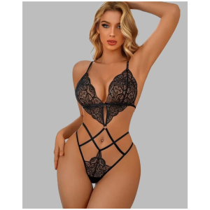 Women Lingerie Deep V Teddy Lingerie Lace Bodysuit Cut Out One Piece Mini Babydoll Black Size Black Color