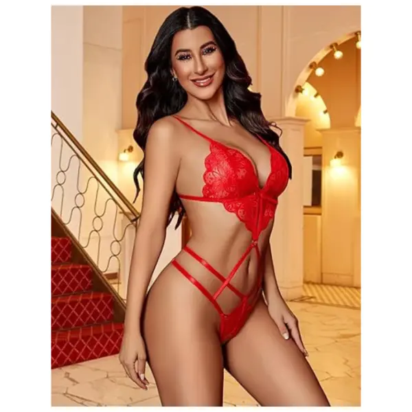 Women Lingerie Deep V Teddy Lingerie Lace Bodysuit Cut Out One Piece Mini Babydoll Free Size Red Color - Image 2