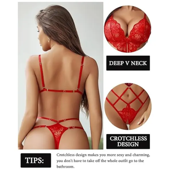 Women Lingerie Deep V Teddy Lingerie Lace Bodysuit Cut Out One Piece Mini Babydoll Free Size Red Color - Image 3