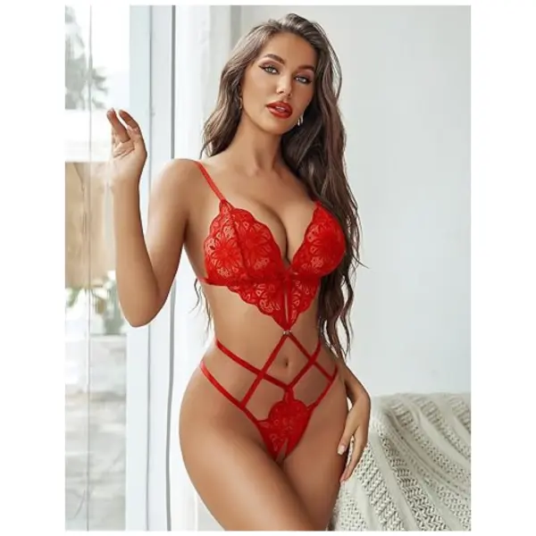 Women Lingerie Deep V Teddy Lingerie Lace Bodysuit Cut Out One Piece Mini Babydoll Free Size Red Color - Image 4