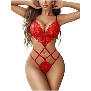 Women Lingerie Deep V Teddy Lingerie Lace Bodysuit Cut Out One Piece Mini Babydoll Free Size Red Color