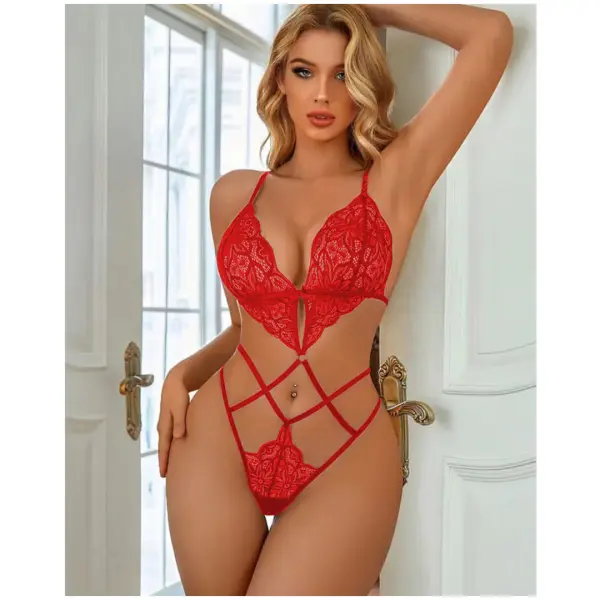 Women Lingerie Deep V Teddy Lingerie Lace Bodysuit Cut Out One Piece Mini Babydoll Free Size Red Color
