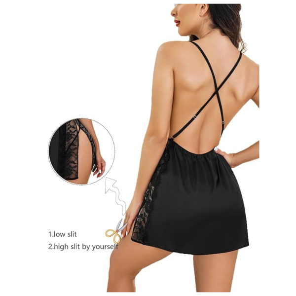 Women Lingerie Nylon Spandex Lace Chemise Nightgown Side Slit Sleepwear Baby Doll Nightwear Free Size Black Color - Image 3