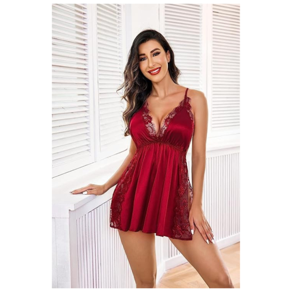 Women Lingerie Nylon Spandex Lace Chemise Nightgown Side Slit Sleepwear Baby Doll Nightwear Free Size Maroon Color - Image 2