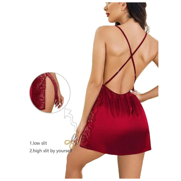 Women Lingerie Nylon Spandex Lace Chemise Nightgown Side Slit Sleepwear Baby Doll Nightwear Free Size Maroon Color - Image 4