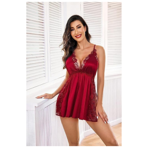Women Lingerie Nylon Spandex Lace Chemise Nightgown Side Slit Sleepwear Baby Doll Nightwear Free Size Maroon Color