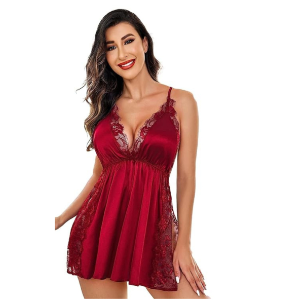 Women Lingerie Nylon Spandex Lace Chemise Nightgown Side Slit Sleepwear Baby Doll Nightwear Free Size Maroon Color - Image 5