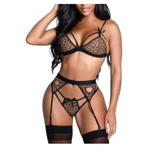 Women Lingerie Set Lace Teddy Strap Babydoll Bodysuit with Garter Belts Free Size Black Color