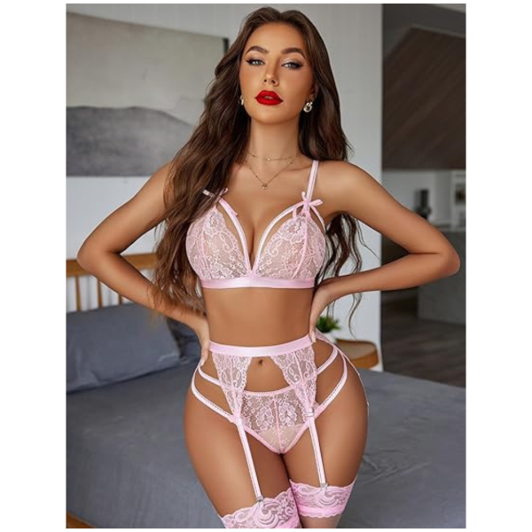 Women Lingerie Set Lace Teddy Strap Babydoll Bodysuit with Garter Belts Free Size Blush Pink Color(No Stocking) - Image 2