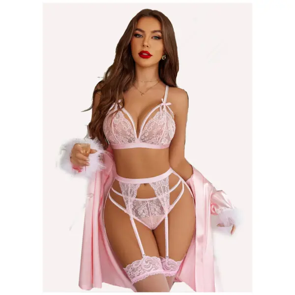 Women Lingerie Set Lace Teddy Strap Babydoll Bodysuit with Garter Belts Free Size Blush Pink Color(No Stocking) - Image 2