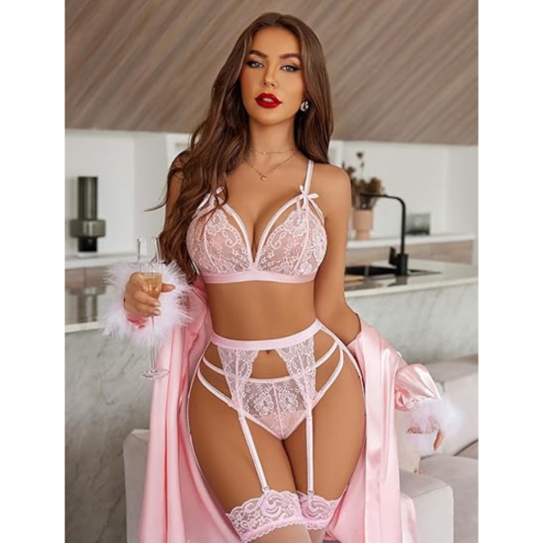 Women Lingerie Set Lace Teddy Strap Babydoll Bodysuit with Garter Belts Free Size Blush Pink Color(No Stocking) - Image 4