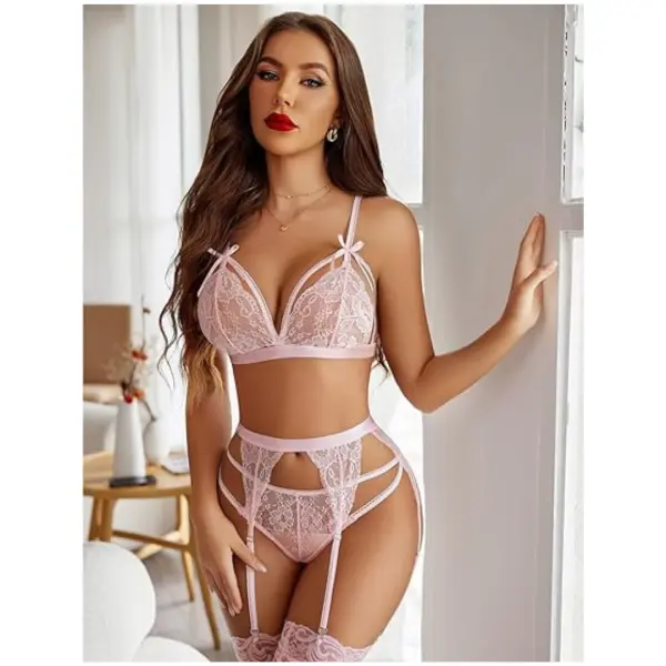 Women Lingerie Set Lace Teddy Strap Babydoll Bodysuit with Garter Belts Free Size Blush Pink Color(No Stocking) - Image 4