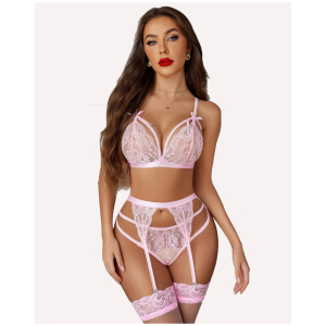 Women Lingerie Set Lace Teddy Strap Babydoll Bodysuit with Garter Belts Free Size Blush Pink Color(No Stocking)