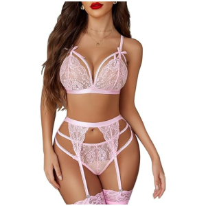 Women Lingerie Set Lace Teddy Strap Babydoll Bodysuit with Garter Belts Free Size Blush Pink Color(No Stocking)