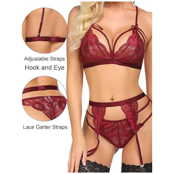 Women Lingerie Set Lace Teddy Strap Babydoll Bodysuit with Garter Belts Free Size Maroon Color(No Stocking) - Image 2