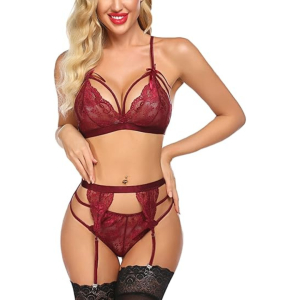 Women Lingerie Set Lace Teddy Strap Babydoll Bodysuit with Garter Belts Free Size Maroon Color(No Stocking)