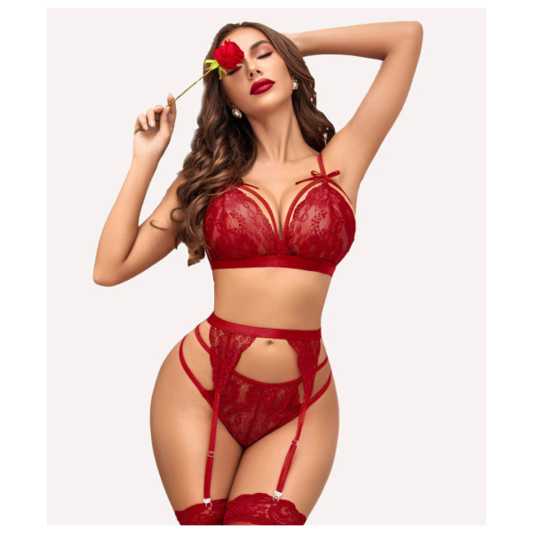 Women Lingerie Set Lace Teddy Strap Babydoll Bodysuit with Garter Belts Free Size Maroon Color(No Stocking)
