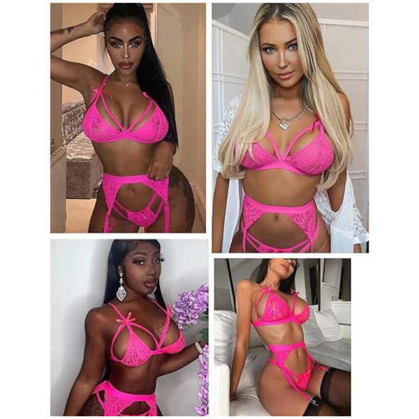Women Lingerie Set Lace Teddy Strap Babydoll Bodysuit with Garter Belts Free Size Pink Color(No Stocking) - Image 3