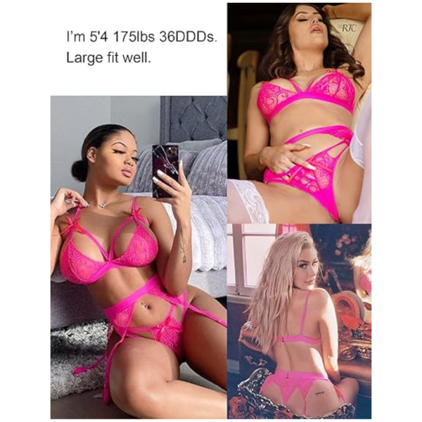 Women Lingerie Set Lace Teddy Strap Babydoll Bodysuit with Garter Belts Free Size Pink Color(No Stocking) - Image 4