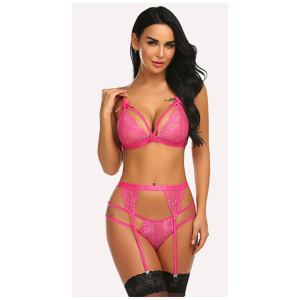 Women Lingerie Set Lace Teddy Strap Babydoll Bodysuit with Garter Belts Free Size Pink Color(No Stocking)