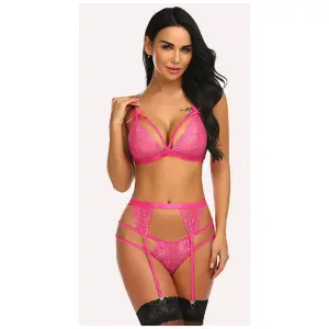 Women Lingerie Set Lace Teddy Strap Babydoll Bodysuit with Garter Belts Free Size Pink Color(No Stocking)