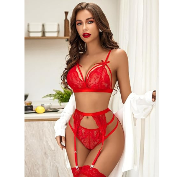 Women Lingerie Set Lace Teddy Strap Babydoll Bodysuit with Garter Belts Free Size Red Color(No Stocking) - Image 2