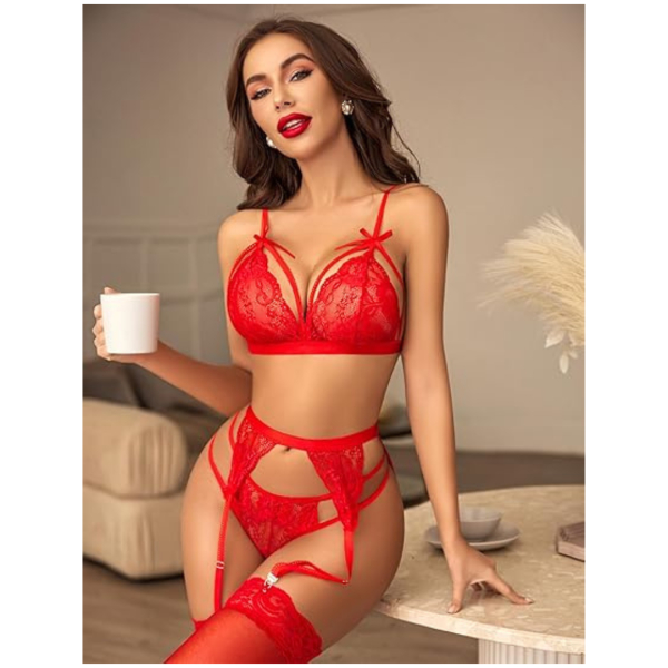 Women Lingerie Set Lace Teddy Strap Babydoll Bodysuit with Garter Belts Free Size Red Color(No Stocking) - Image 3