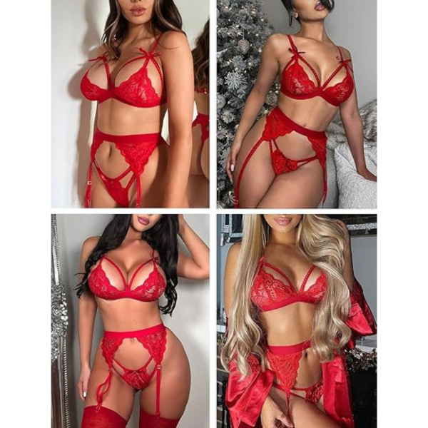 Women Lingerie Set Lace Teddy Strap Babydoll Bodysuit with Garter Belts Free Size Red Color(No Stocking) - Image 4