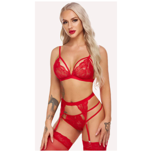 Women Lingerie Set Lace Teddy Strap Babydoll Bodysuit with Garter Belts Free Size Red Color(No Stocking)
