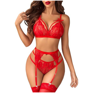 Women Lingerie Set Lace Teddy Strap Babydoll Bodysuit with Garter Belts Free Size Red Color(No Stocking)