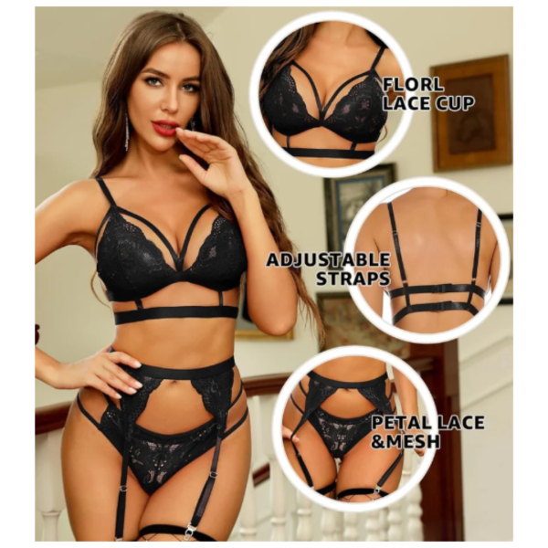 Women Lingerie Set with Garter Belt Bra and Panty Sets Lace Bodydoll Bodysuit Free Size Black Color(No Stocking) - Image 3